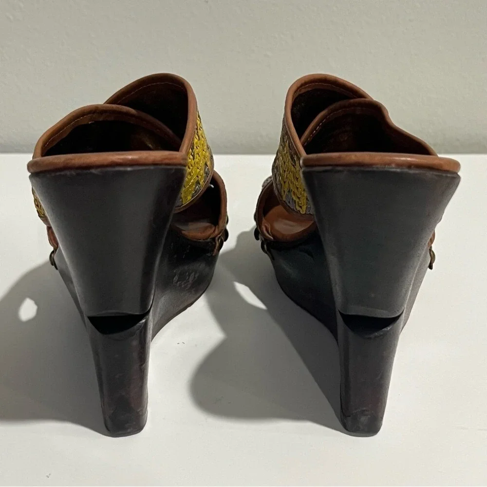 Diane Von Furstenberg Yellow‎ Woven Strap Platform Wood Wedge Sandals Sz 5.5